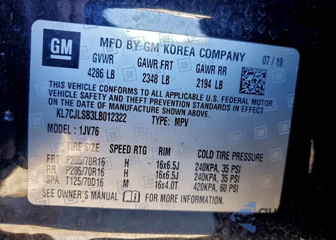 2020 Chevrolet Trax 1Lt from USA, damaged, VIN KL7CJLSB3LB012322